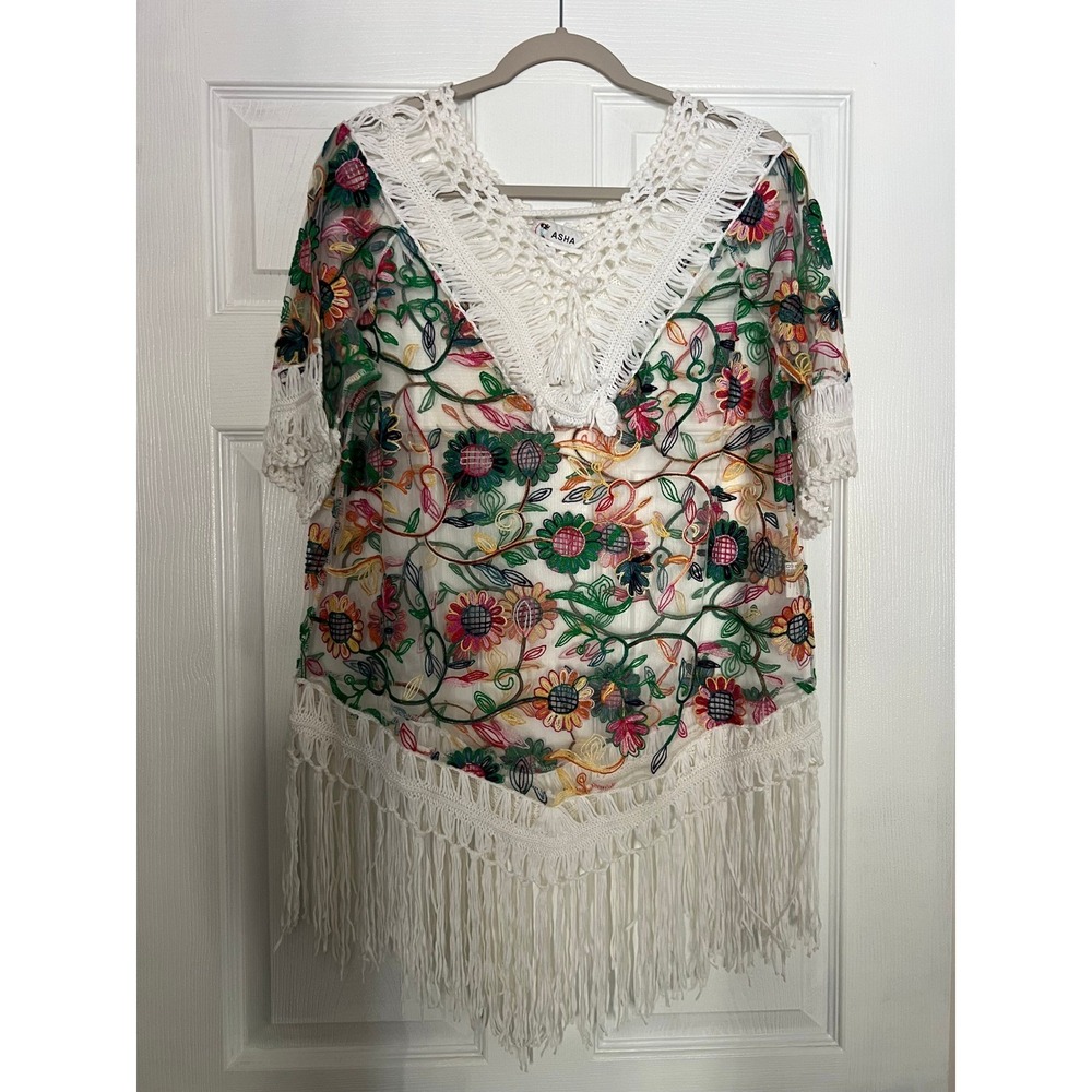Asha Embroidered Mesh Poncho Top White Floral Crochet Fringe Boho OS Resort